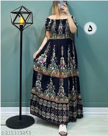 Fit and flare DarkBlack maxi dress in print off shoulder dark black