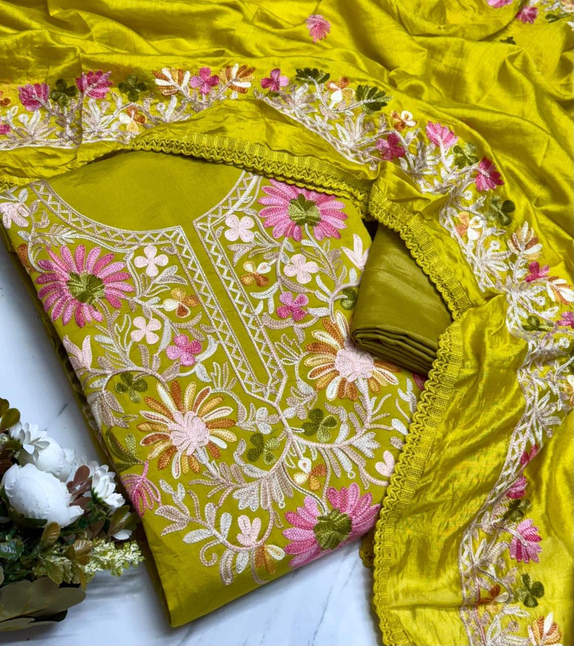 Roman Silk Kashmiri Butta Work Suit Set image 1