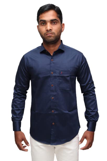 Just Trousers Navy Pure Cotton Solid Shirt for Men