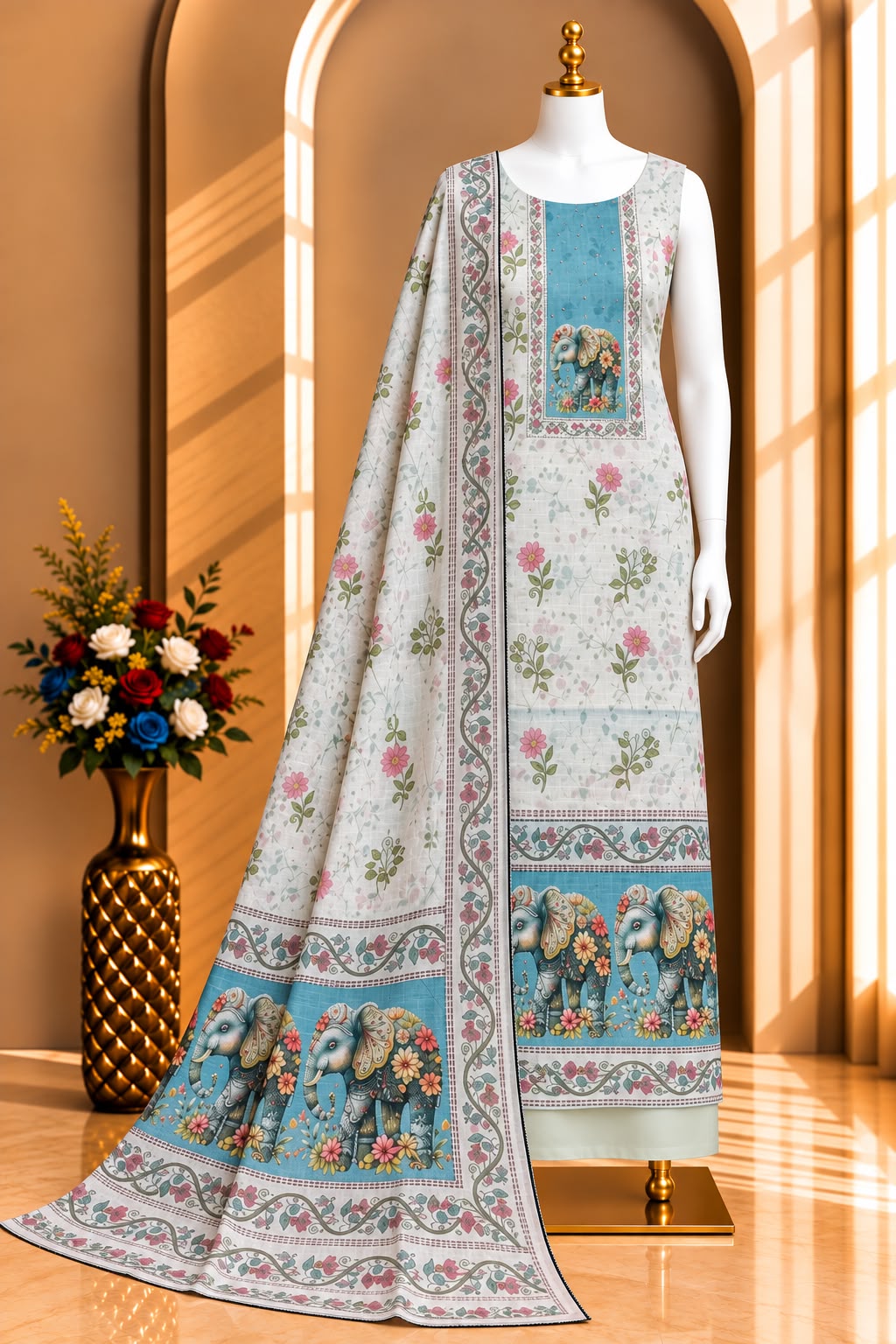 Jaamdani Silk Elephant Digital Print Suit